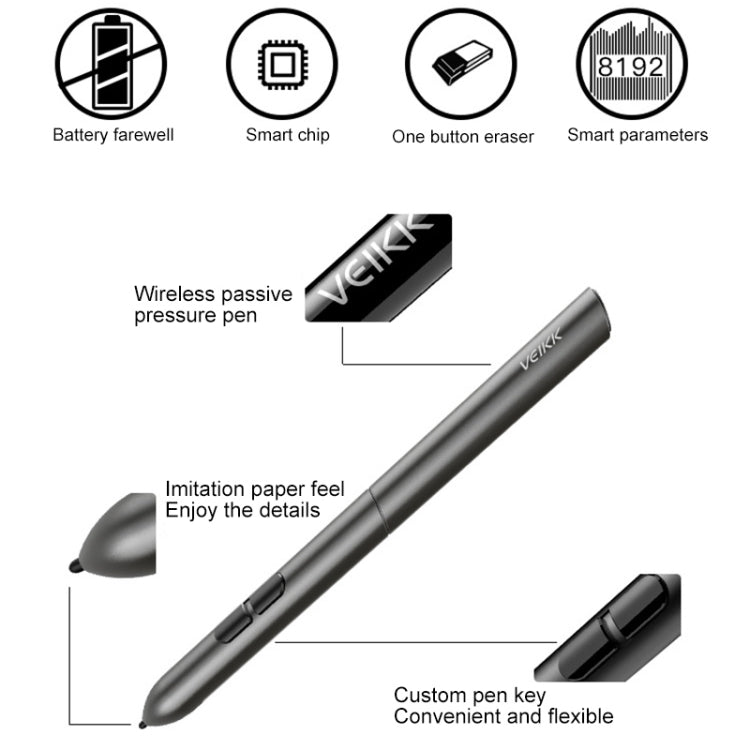 Stylus pen and dark tablet with labeled feature icons