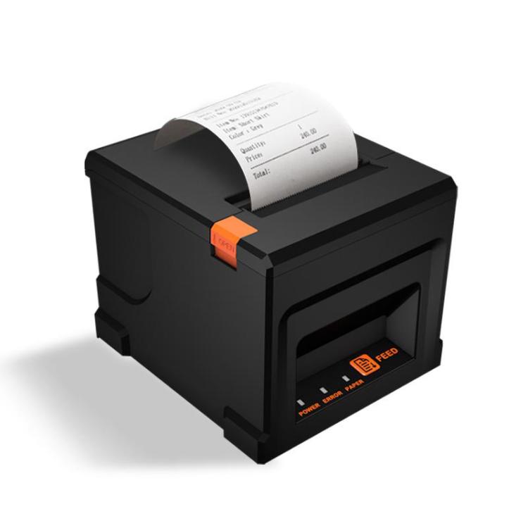 Black thermal receipt printer, angled view, with paper roll and auto-cutter
