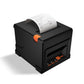 Black thermal receipt printer with orange latch, paper roll installed, auto-cutter front