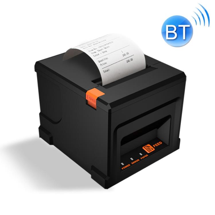 Black thermal receipt printer with top paper roll, front feed panel, and orange latch.