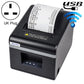 Black thermal receipt printer with UK plug icon and blue Wi-Fi signal graphic.