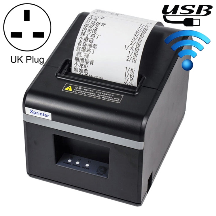 Black thermal receipt printer with UK plug icon and blue Wi-Fi signal graphic.