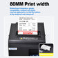 Black thermal receipt printer showing front paper window with 80mm width mark.
