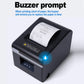 Black thermal receipt printer with bell alert icon overlay above front panel.