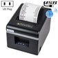 Black thermal receipt printer with paper window and Bluetooth indicator, US plug shown.
