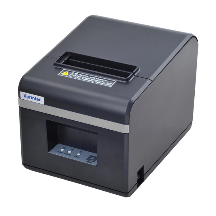 Black thermal receipt printer side view with paper access tray and front control panel.