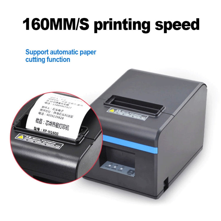 Black thermal receipt printer with paper roll loaded and front panel close-up inset.
