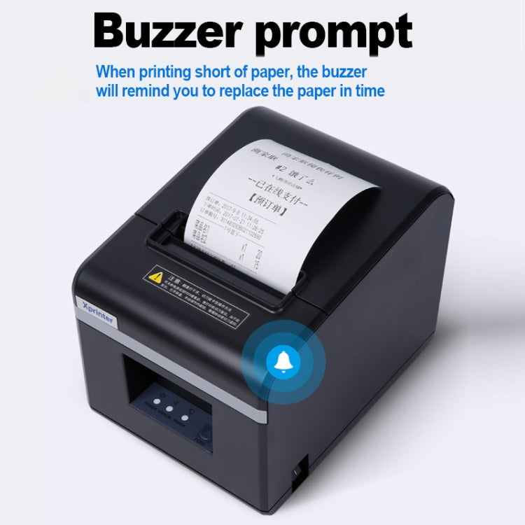 Black thermal receipt printer with receipt paper loaded and buzzer alert icon.