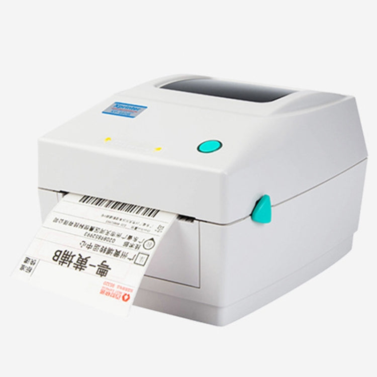 White thermal barcode printer with front label inserted and teal button accents, angled view.