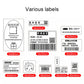 Assorted thermal barcode label examples with different shapes and sizes.