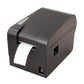 Black thermal barcode printer with label roll exiting the front output slot.