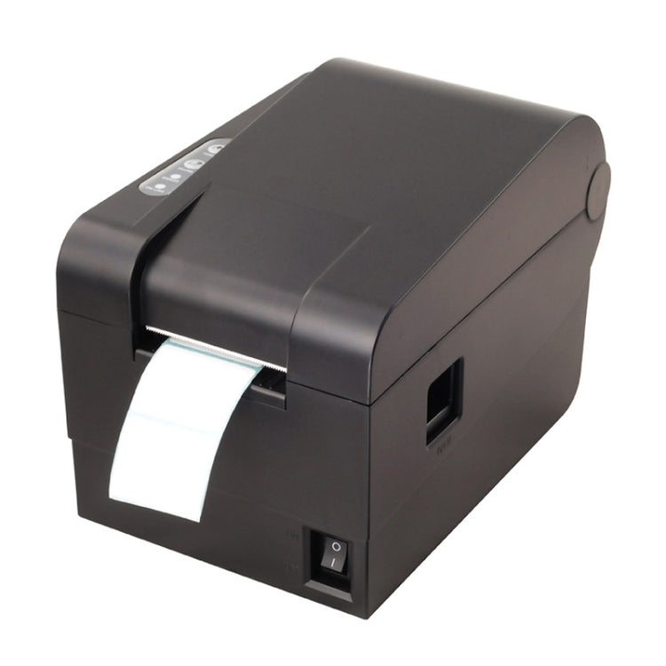 Black thermal barcode printer with label roll exiting the front output slot.