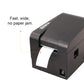Black thermal barcode printer front view with label slot and top control buttons.