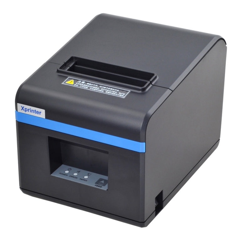 Thermal barcode printer front view with blue stripe and open paper bay, dark gray case