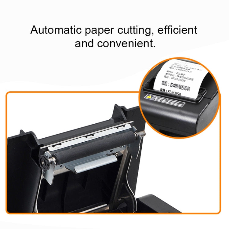 Black thermal label printer with open cutter mechanism and paper feed area
