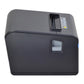 Thermal barcode printer rear side with paper exit opening and label area, dark gray body