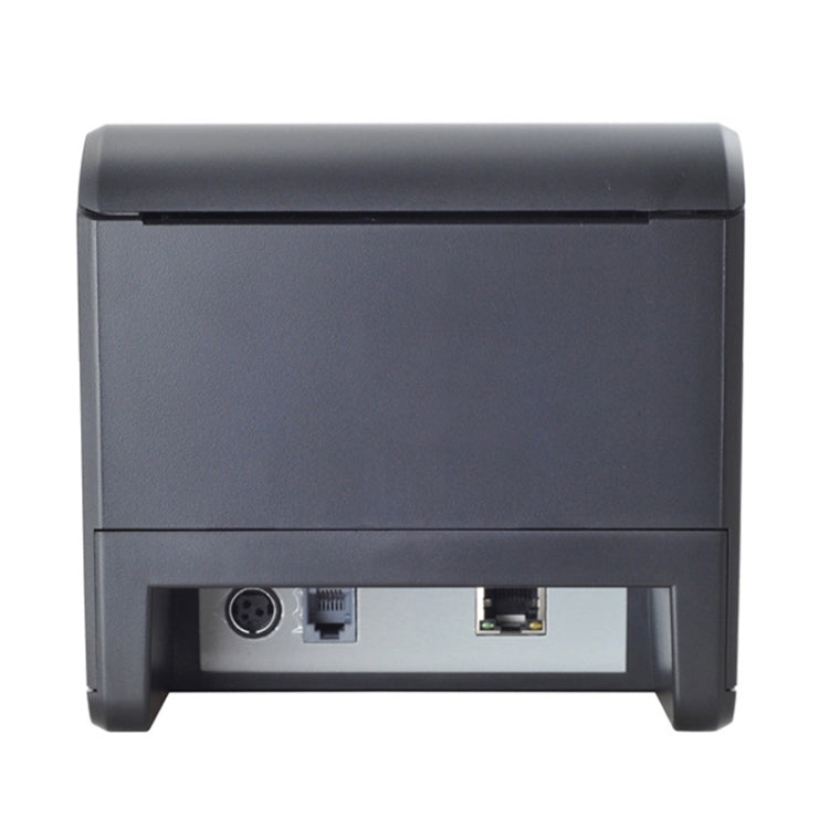 Thermal barcode printer rear ports panel with network and power openings, dark gray body