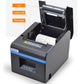 Thermal barcode printer with top cover open, showing print head area and loading slot