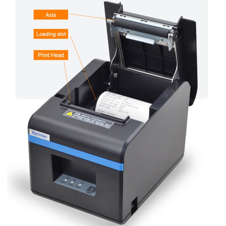 Thermal barcode printer with top cover open, showing print head area and loading slot