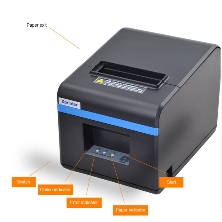 Thermal barcode printer front corner with paper exit, indicators, and blue stripe, dark gray