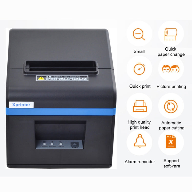 Thermal barcode printer front view with blue stripe, top feed slot, and control panel