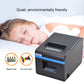 Thermal barcode printer with blue stripe next to sleeping person; shows front paper slot