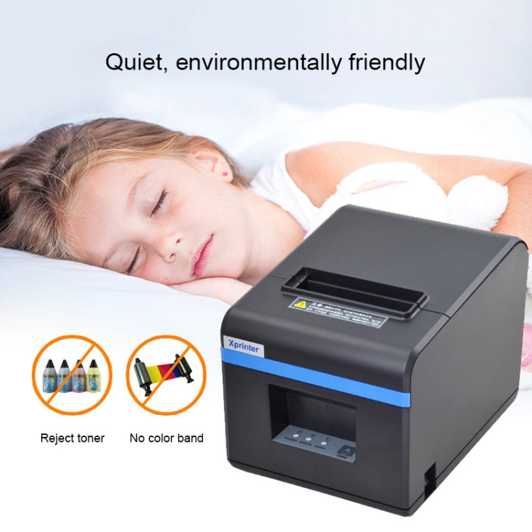 Thermal barcode printer with blue stripe next to sleeping person; shows front paper slot