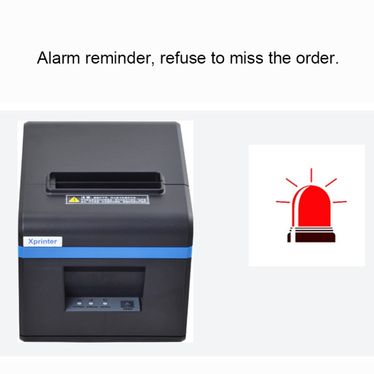 Thermal barcode printer front view with blue stripe and top feed slot on white background