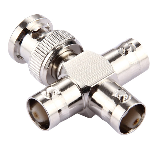 BNC cross adapter connector, 1 male with three female jacks, brushed metal