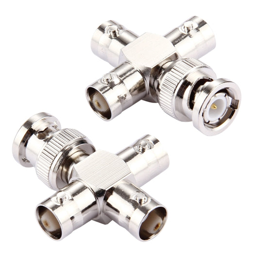 BNC cross connector: 1 male to 3 female, metal RF adapter, chrome finish