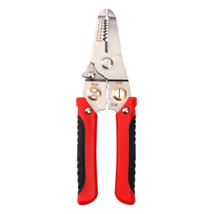 Wire splitting pliers with red-and-black grips and silver jaws