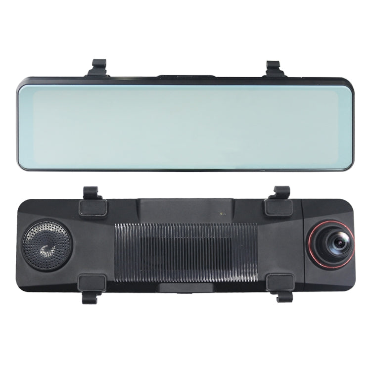 Black rearview-style car dash cam with wide screen and front lens