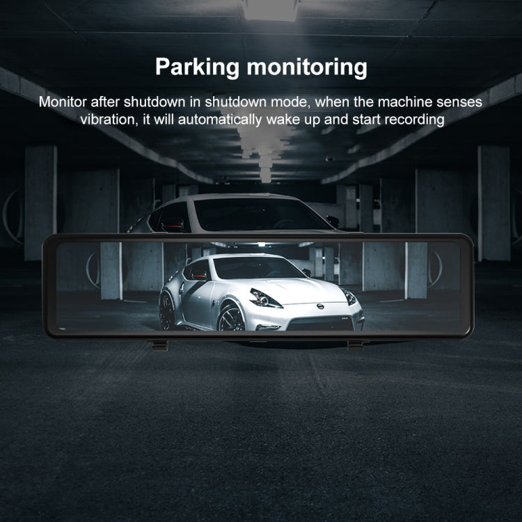Car dash cam with wide screen showing rear parking view in garage