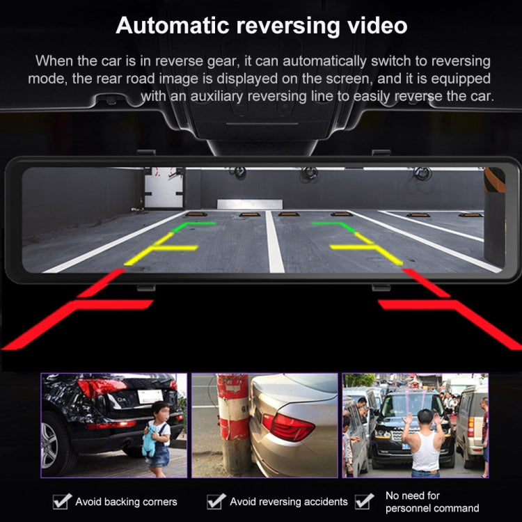 Car dash cam displaying rear reversing image with guide lines