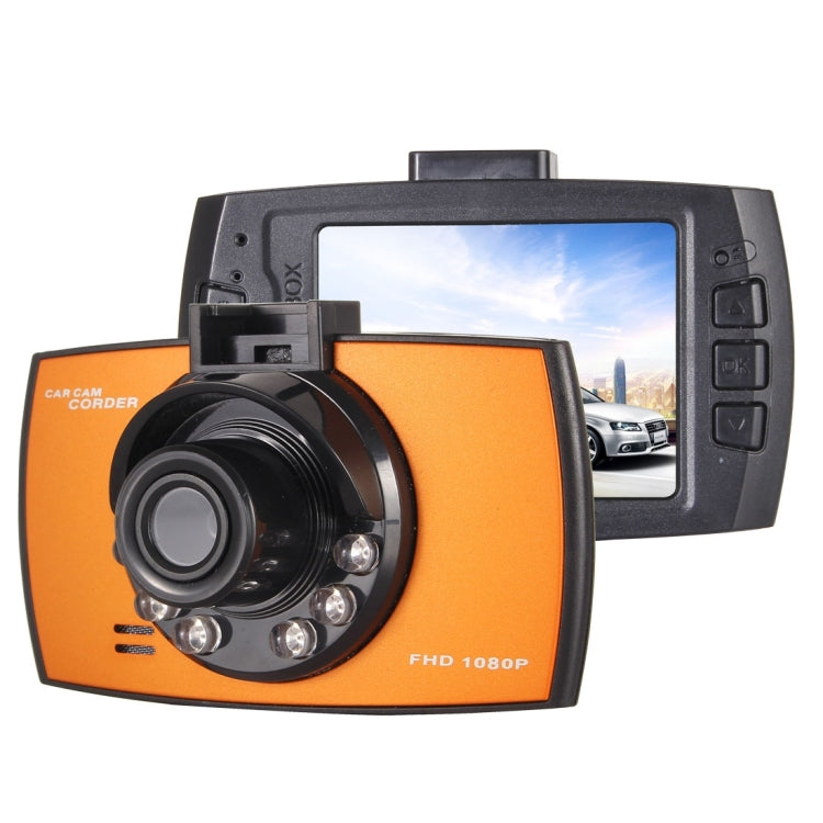 Orange and black car DVR with 2.4 in LCD screen and front camera lens