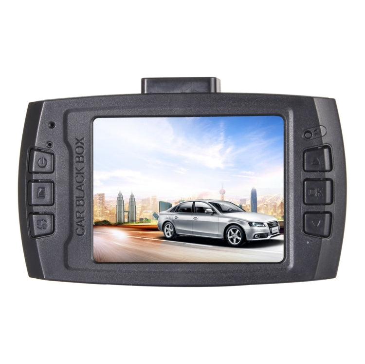 Black car DVR with 2.4 in LCD screen showing a vehicle road view and buttons