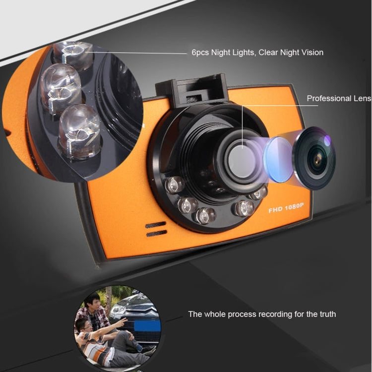 Car dash cam with orange-and-black body and front lens, 2.4-inch screen