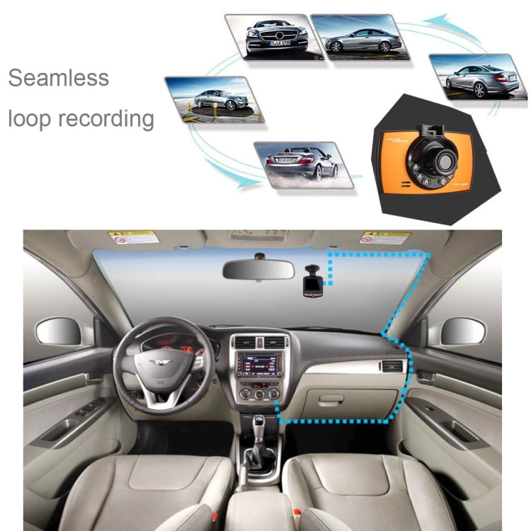 Dash cam loop recording shown on car dashboard screen with orange camera unit