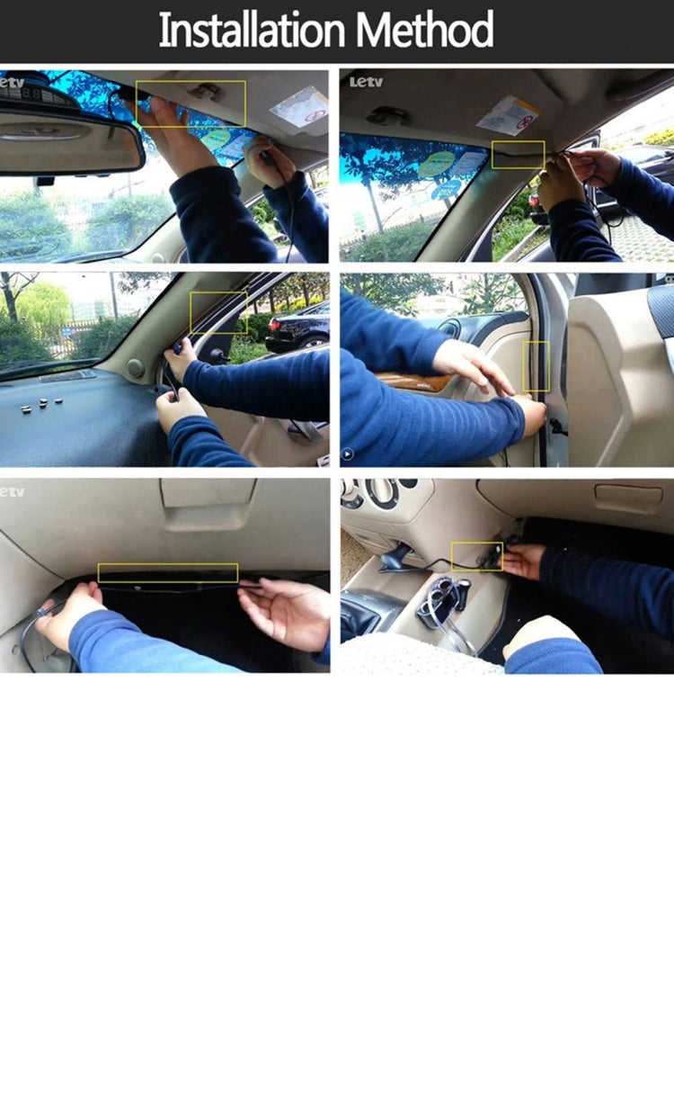 Dash cam installation showing mounting near windshield with hands and clips