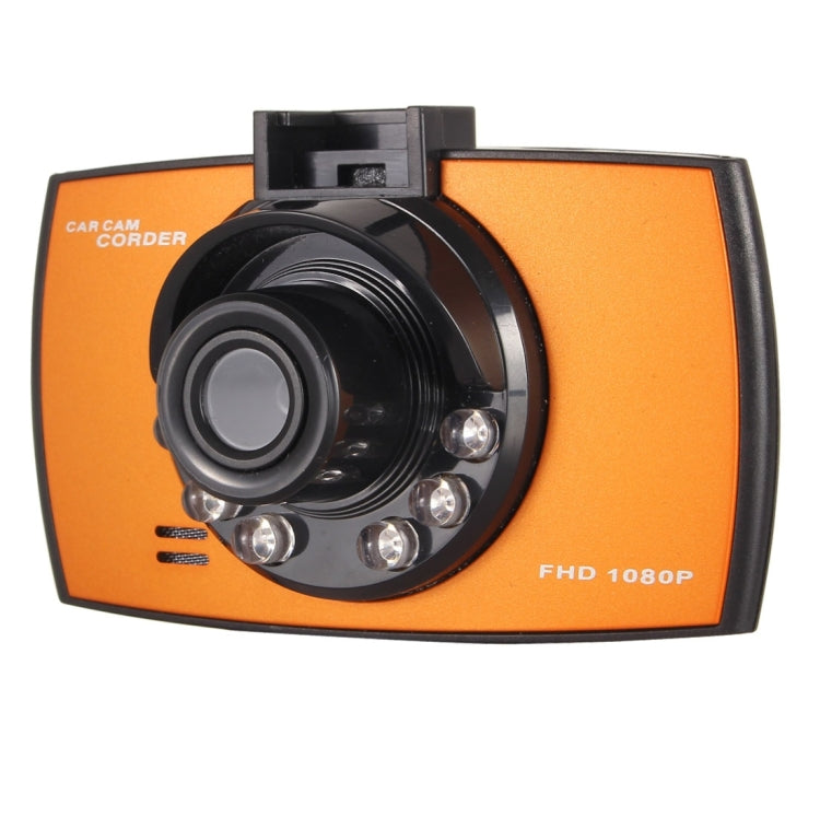 Orange and black car DVR front view with wide camera lens and FHD 1080P marking