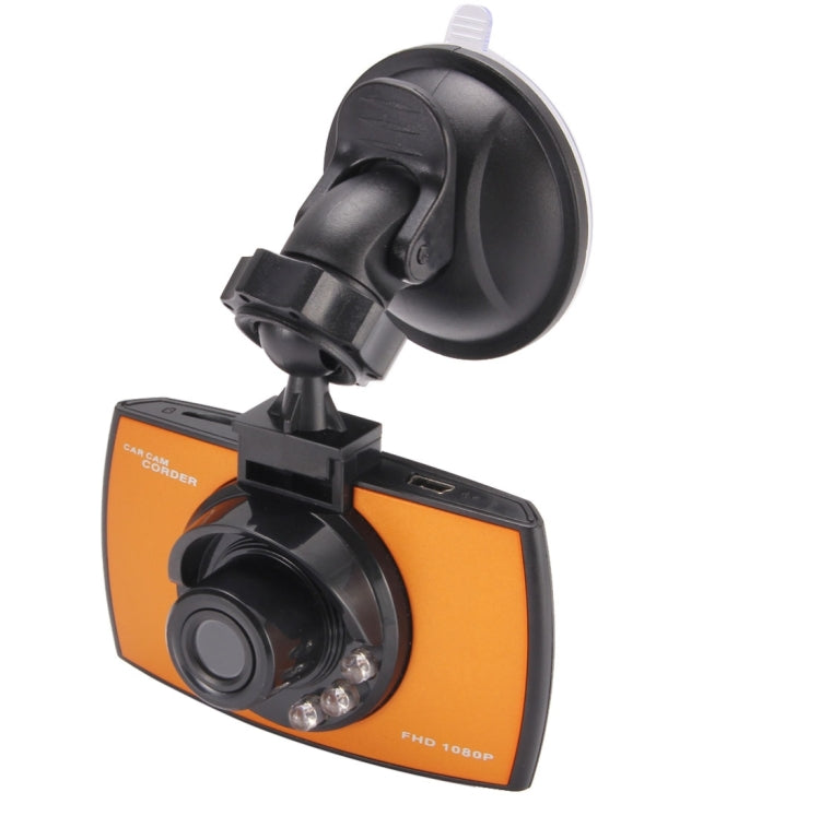 Orange and black car DVR with suction mount and wide-angle camera lens