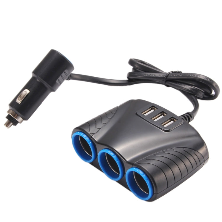 Black car DVR power splitter with cigarette-lighter plug and three cable ports