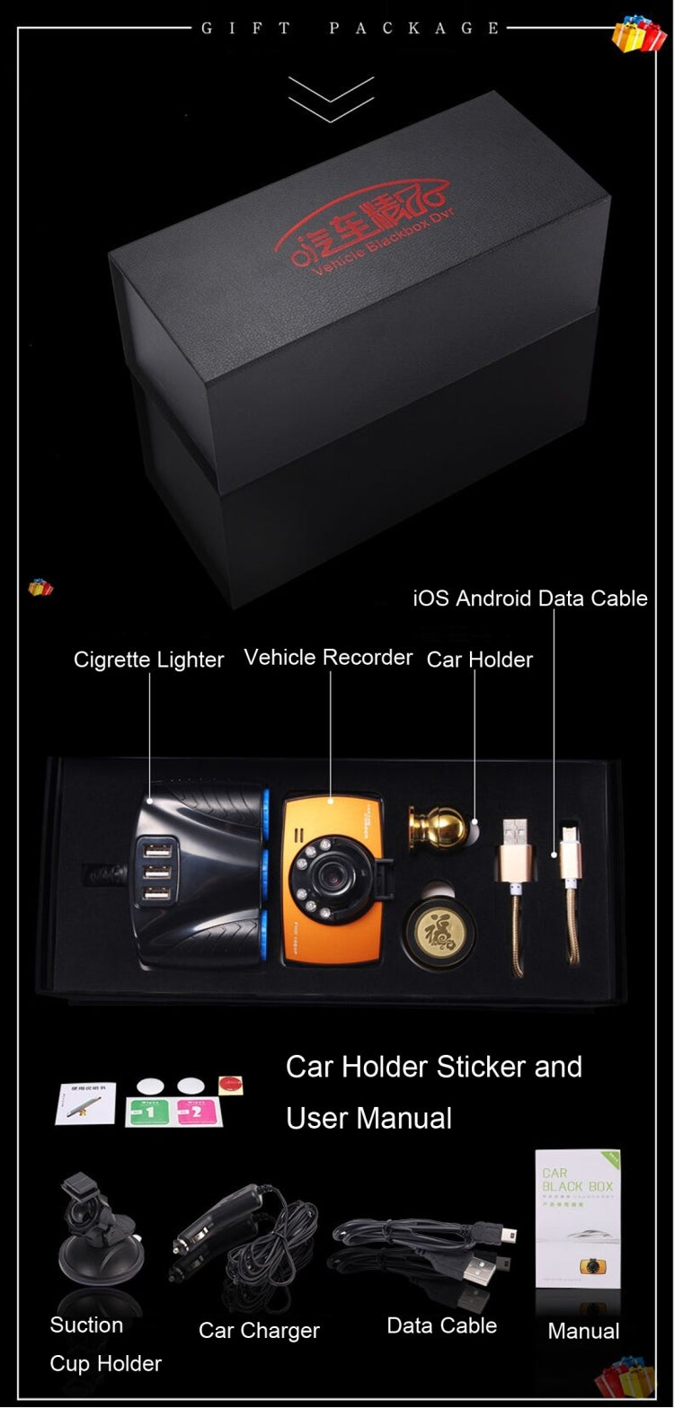 Car DVR gift set package with car holder, cables, manual, and sticker