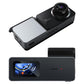 Car dashcam recorder with wide-angle lens, black body, and built-in LCD screen