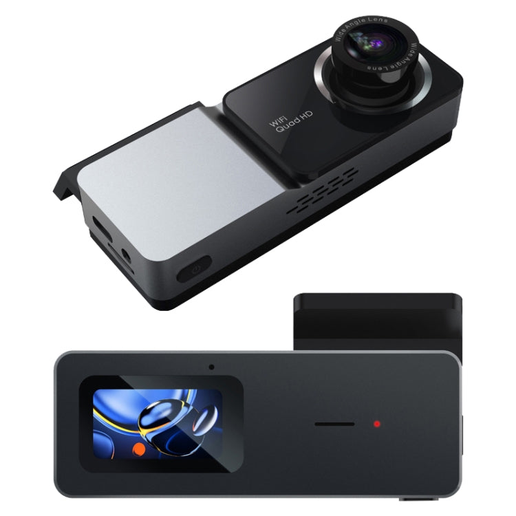 Car dashcam recorder with wide-angle lens, black body, and built-in LCD screen