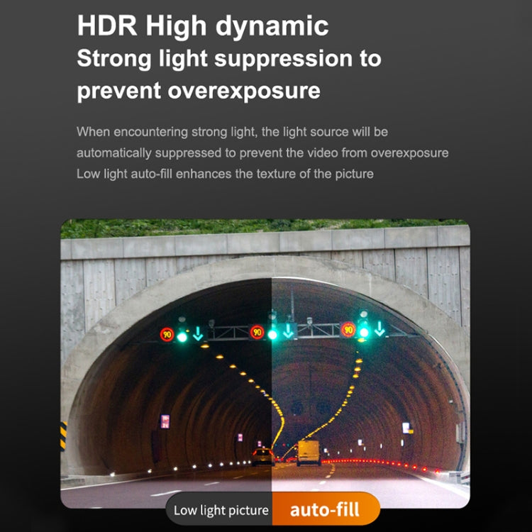 HDR night dashcam footage preview showing tunnel view with auto exposure fill