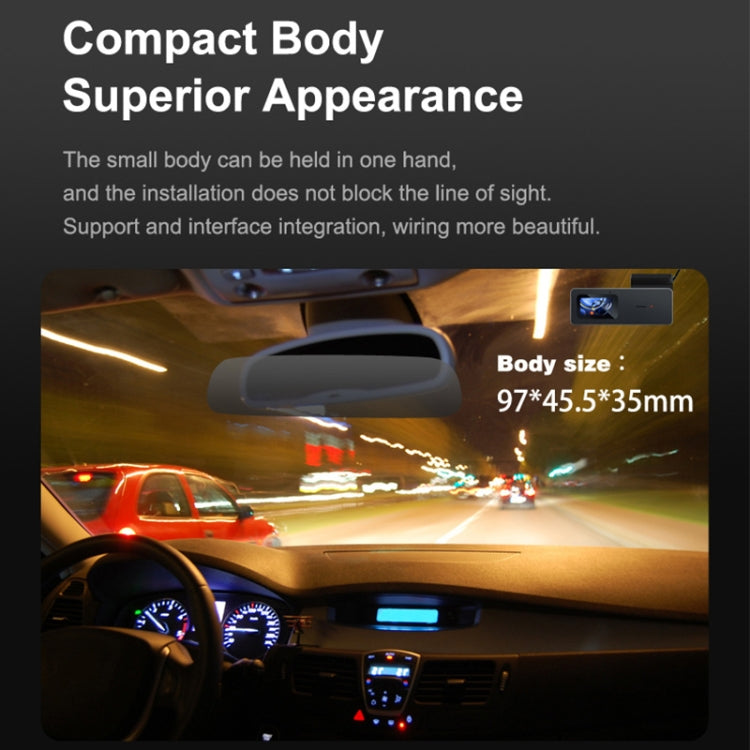 Compact dashcam recorder placed in a car with visible dashboard fit and size graphic