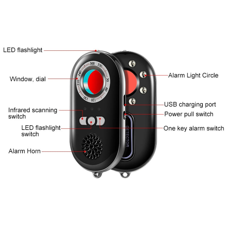 Black vibration alarm remote with back buttons, USB charging port, and horn speaker holes