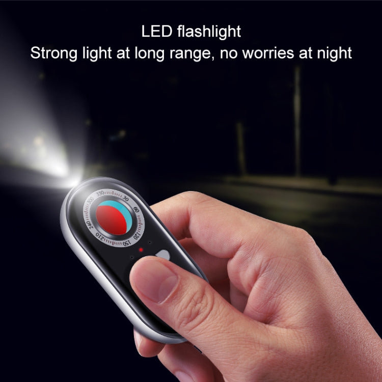 Handheld LED flashlight vibration alarm key fob with silver trim