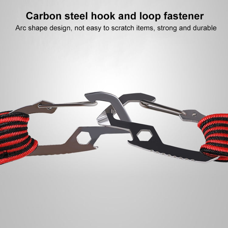 Metal hook and loop fastener on elastic strap, black with red accents
